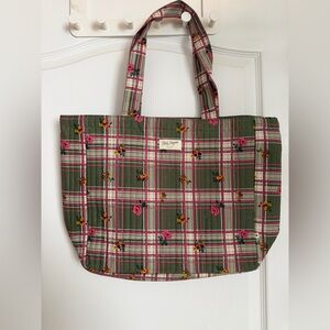 BRAND NEW Sezane Olive Plaid Tote with Pink Floral Trim